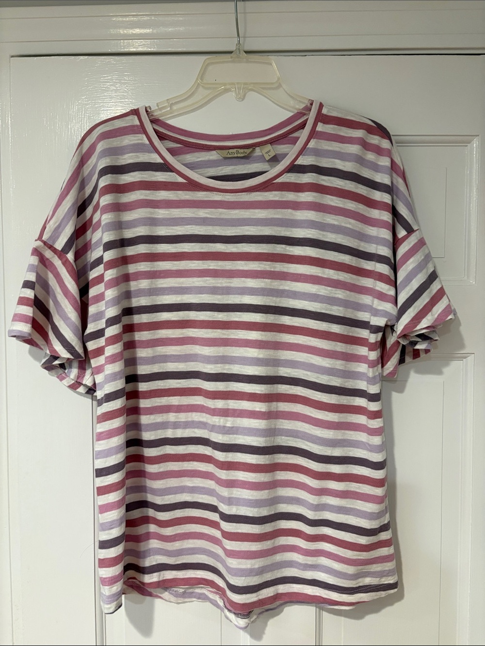 AnyBody Pink, Gray & White Striped Short Sleeve Tee